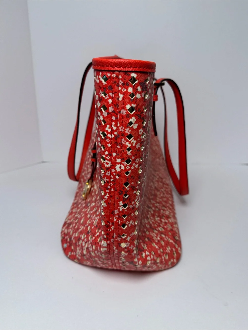 Michael Kors Jet Set Floral Red Metallic Details Tote Bag Signature Gold Charm